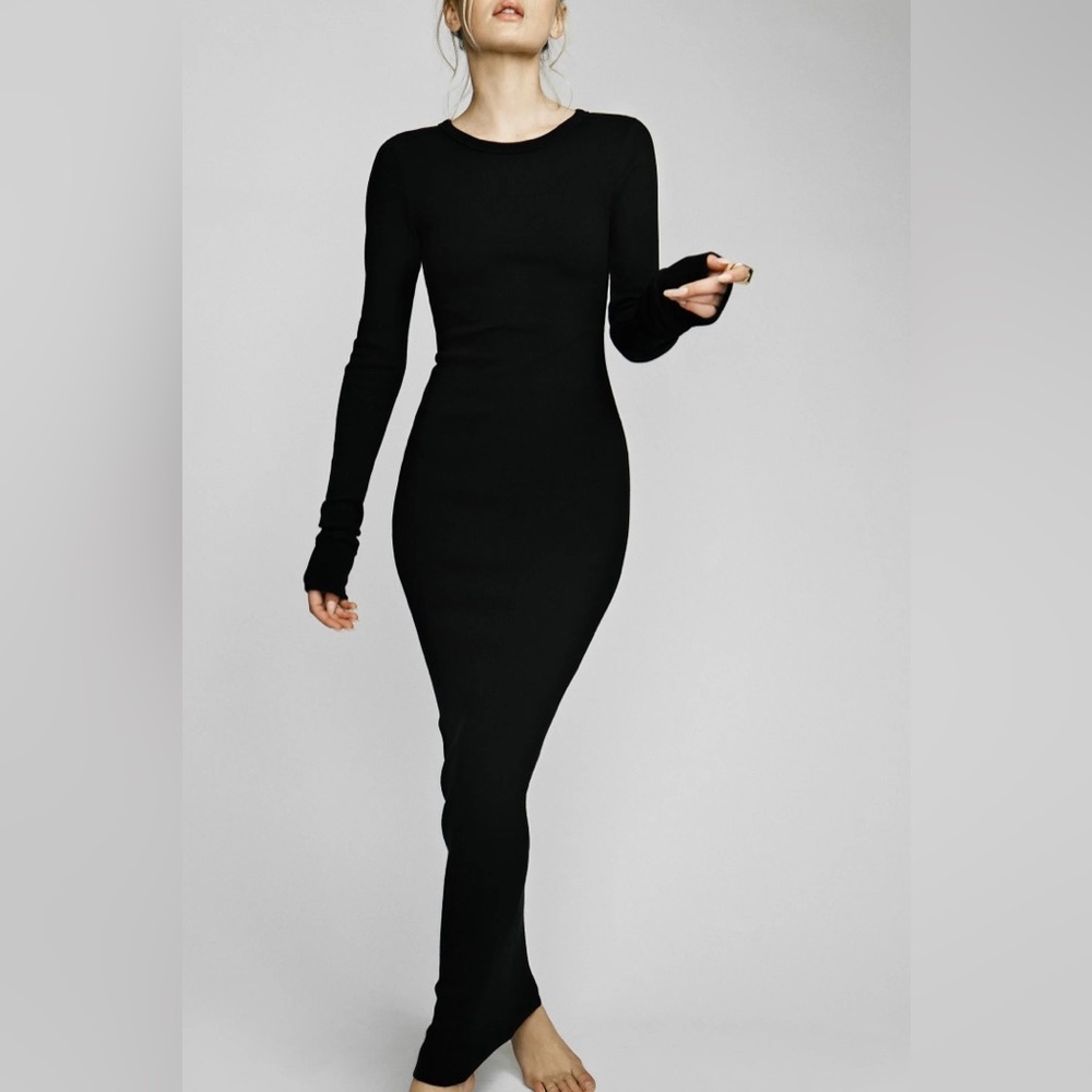 Long sleeve black long dress ribbed cotton- size M (6)